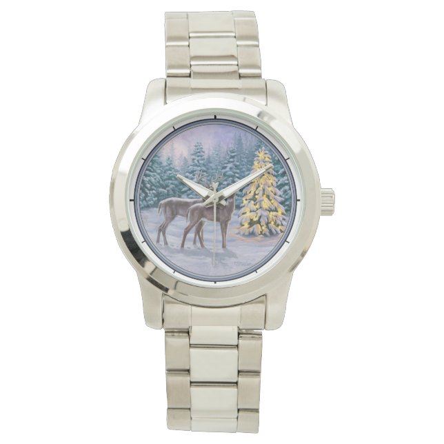 Whitetail Deer & Christmas Tree Winterlandschaft Armbanduhr (Vorderseite)