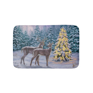 Whitetail Deer & Christmas Tree Winterlandschaft Badematte