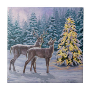 Whitetail Deer & Christmas Tree Winterlandschaft Fliese