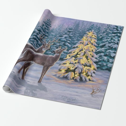 Whitetail Deer & Christmas Tree Winterlandschaft Geschenkpapier (Ungerollt)