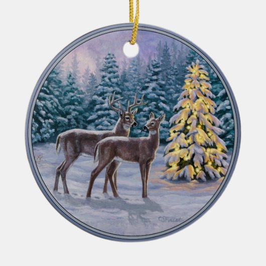 Whitetail Deer & Christmas Tree Winterlandschaft Keramik Ornament (Vorne)