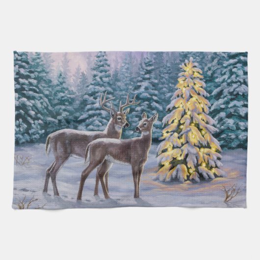 Whitetail Deer & Christmas Tree Winterlandschaft Küchentuch (Horizontal)
