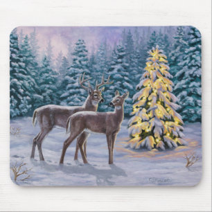 Whitetail Deer & Christmas Tree Winterlandschaft Mousepad