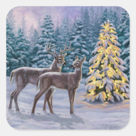 Whitetail Deer & Christmas Tree Winterlandschaft Quadratischer Aufkleber