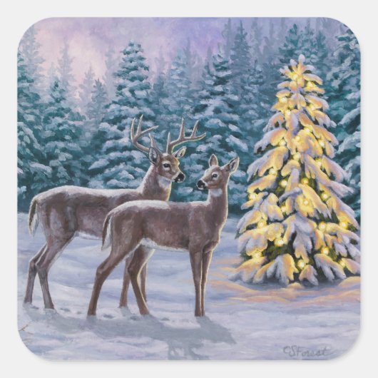 Whitetail Deer & Christmas Tree Winterlandschaft Quadratischer Aufkleber (Vorderseite)