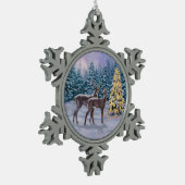 Whitetail Deer & Christmas Tree Winterlandschaft Schneeflocken Zinn-Ornament (Links)