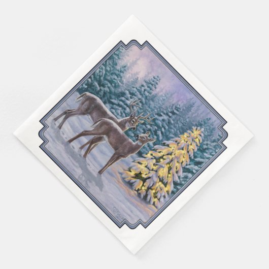 Whitetail Deer & Christmas Tree Winterlandschaft Serviette (Ecke)