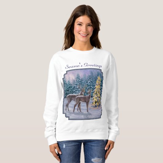Whitetail Deer & Christmas Tree Winterlandschaft Sweatshirt (Vorne ganz)
