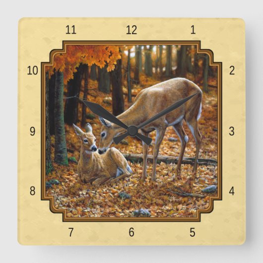 Whitetail Deer Fawn & Doe Yellow Quadratische Wanduhr (Vorderseite)