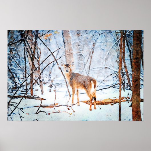 Whitetail Deer in Snow Wasserfarben Malerei Art Poster (Vorne)