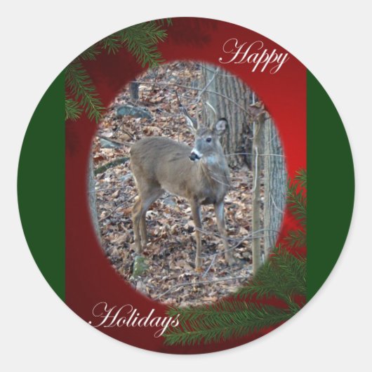 Whitetail Deer Spike Buck Happy Holidays Series Runder Aufkleber (Vorderseite)