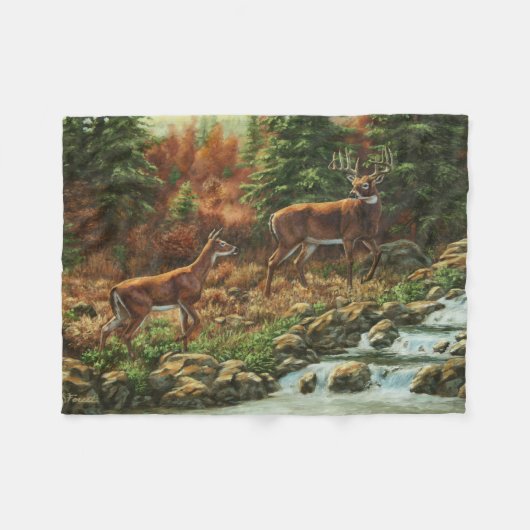 Whitetail Deer und Wasserfall Fleecedecke (Vorderseite (Horizontal))