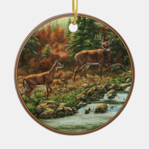 Whitetail Deer und Wasserfall Keramik Ornament