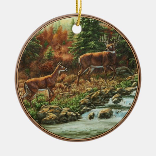 Whitetail Deer und Wasserfall Keramik Ornament (Vorne)