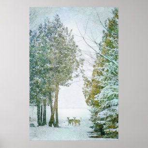 Whitetail Dez im Winter Schnee Wildlife Poster