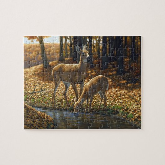 Whitetail Doe and Fawn Drinks aus einem Stream Puzzle (Horizontal)