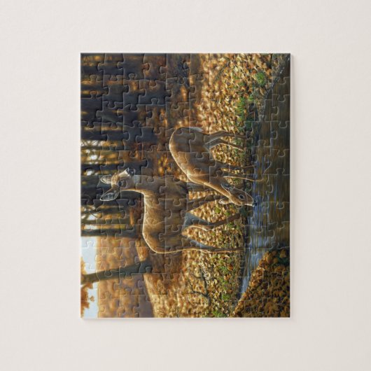 Whitetail Doe and Fawn Drinks aus einem Stream Puzzle (Vertikal)