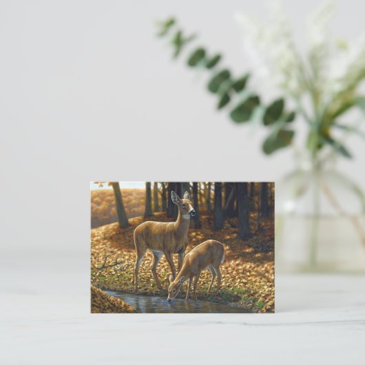 Whitetail Doe and Fawn Drinks aus einem Stream Visitenkarte (Stehend Vorderseite)