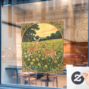 Whitetail Doe und Fawn mit gelben Blumen Fensteraufkleber