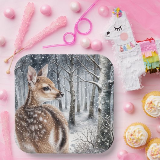 Whitetail Fawn im Winterwald Pappteller (Party)