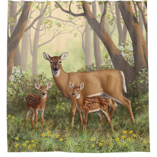 Whitetail Hirsch und Niedliche Zwillingsfaelder im Duschvorhang (Vorderseite)