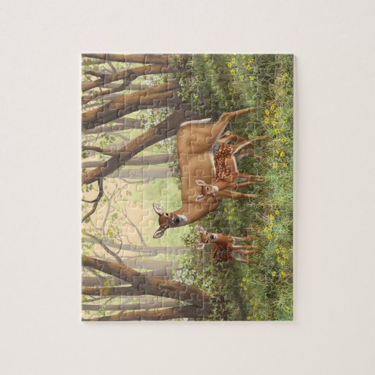 Whitetail Hirsch und Niedliche Zwillingsfaelder im Puzzle (Vertikal)