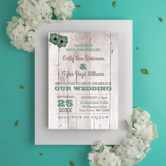 Whitewash Aquamarine rustikale Hochzeitseinladung Einladung