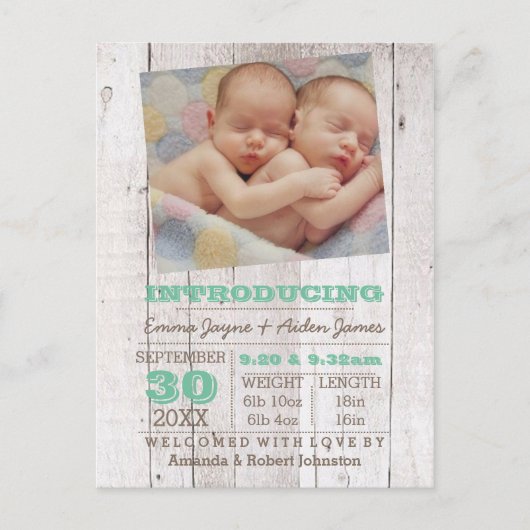 Whitewash Green Twins Foto Birth Ankündigung (Vorderseite)