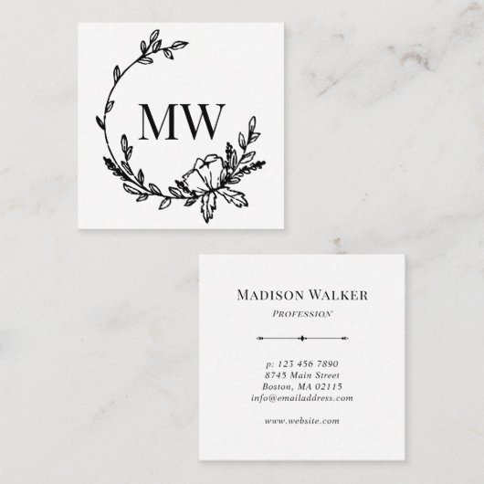 Whitewood & Black Hand Draath Monogram Square Quadratische Visitenkarte (Vorne/Hinten)