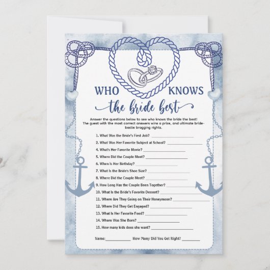 Who Knows the Bride Best Game Nautical Wedding  Einladung (Vorderseite)