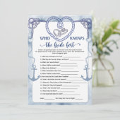 Who Knows the Bride Best Game Nautical Wedding  Einladung (Stehend Vorderseite)