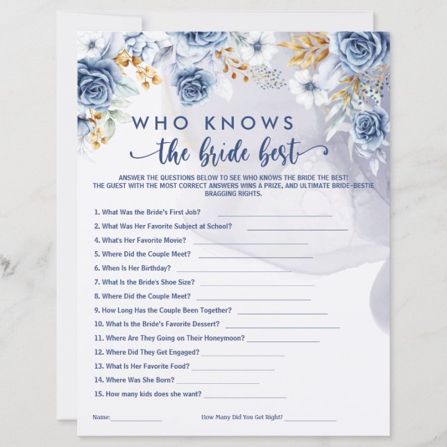 Who Knows the Bride Best Games Bridal Shower  (Vorderseite)