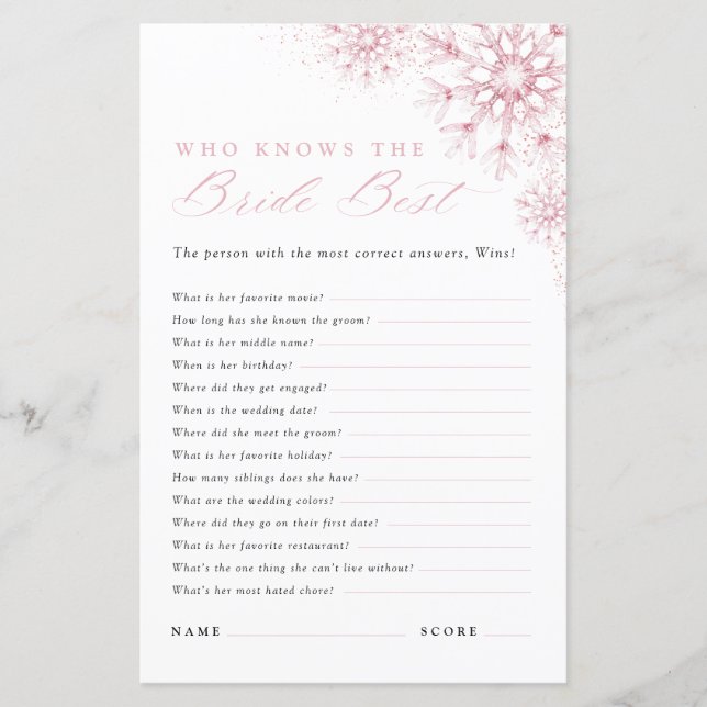 Who Knows the Bride Best Pink Snow in Love Game (Vorderseite)