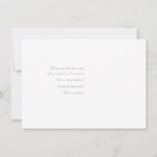 Who Knows The Couple Best Bridal Shower Game Mitteilungskarte (Rückseite)
