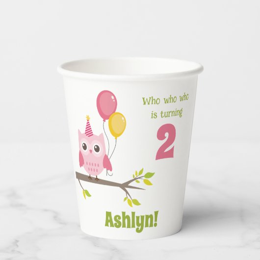 Who Who Is Turning 2 Party Owl 2nd Birthday Pappbecher (Rückseite)