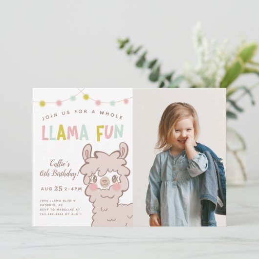 Whole Llama Fun Kids Birthday Party Foto Einladung (Stehend Vorderseite)