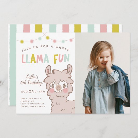 Whole Llama Fun Kids Birthday Party Foto Einladung (Vorne/Hinten)