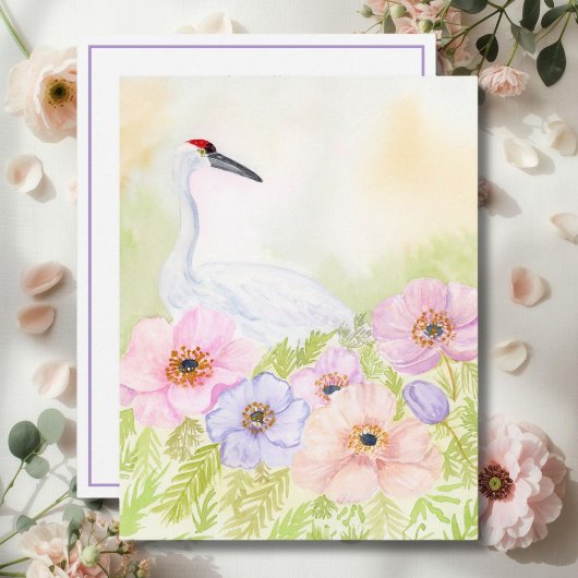  Whooping Crane with Pastel Anemones  Mitteilungskarte