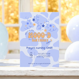 Who's in the MOOO-D Cow Print 1st Birthday Einladung