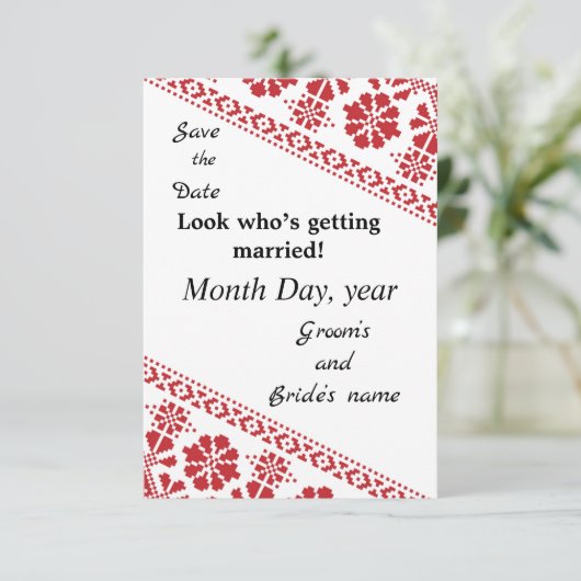 Wht and Rd Tatreez Wed. Rett/the/date Ankündigung (Stehend Vorderseite)
