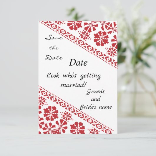 Wht and Rd Tatreez Wed. Rett/the/date Ankündigung (Stehend Vorderseite)