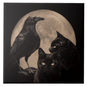 Wicca-Katze, Rabe und Mond im Vintage-Stil Fliese