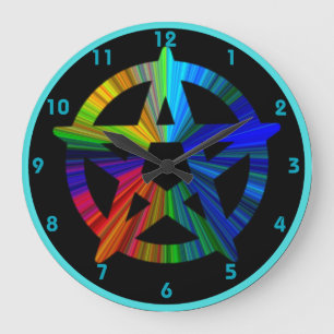 Wicca-Pentagramm metallischer Look auf schwarze Uh Große Wanduhr