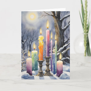 Wiccan Imbolc Regenbogenkerzen im Snowy Forest Feiertagskarte