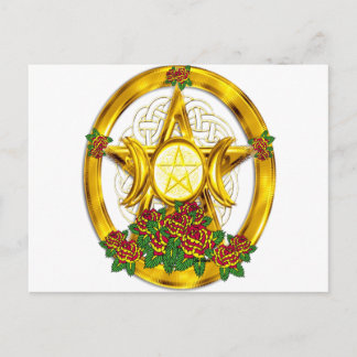 Wiccan Pagan Pentagramm Gold mit Rose Postkarte