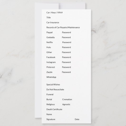 Wichtige Dokumentenkarte Karte (Rückseite)