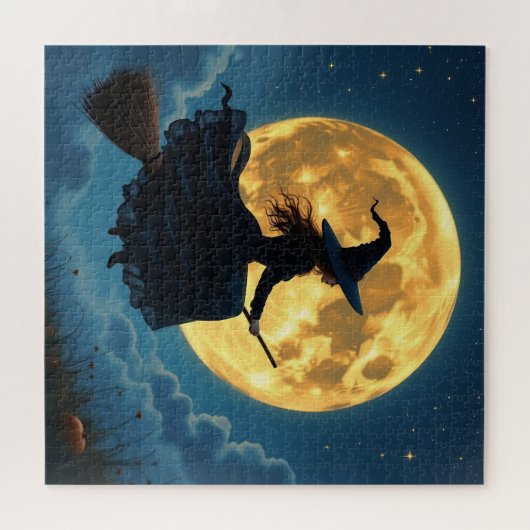 Wicked Halloween | Hexe auf Broom mit Vollmond Puzzle (Horizontal)