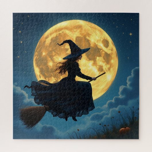 Wicked Halloween | Hexe auf Broom mit Vollmond Puzzle (Vertikal)