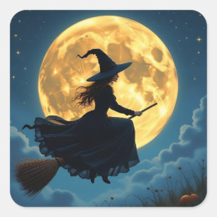 Wicked Halloween Hexe auf Broom mit Vollmond Quadratischer Aufkleber