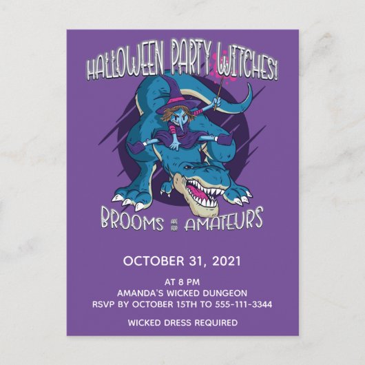 Wicked Hexe on T-Rex Illustration Halloween-Party Einladungspostkarte (Vorderseite)